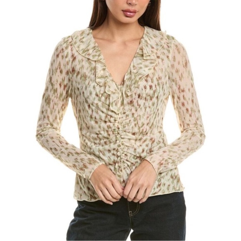 CAbi Dapple Top V Neck Ruffle Mesh Cream Green Brown Size Medium, #4532